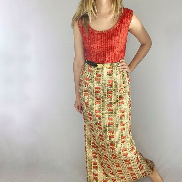 Vintage Gold Red Orange Hostess Maxi Party Dress. Union Label. - Picture 4 of 16